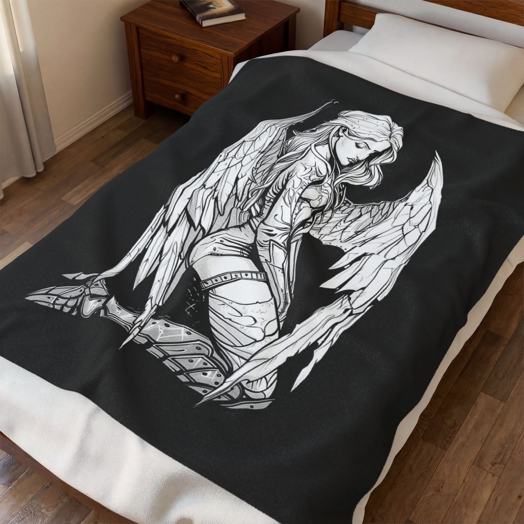 Gothic Angel Velveteen Plush Blanket – Tattooed Fallen Angel Design