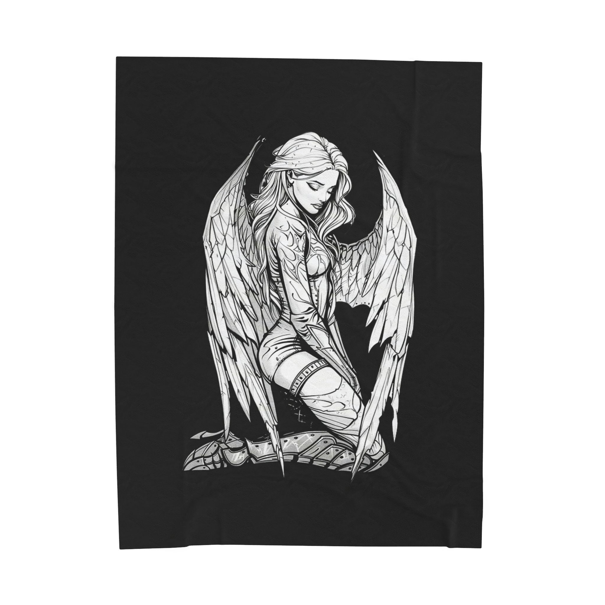 Gothic Angel Velveteen Plush Blanket – Tattooed Fallen Angel Design