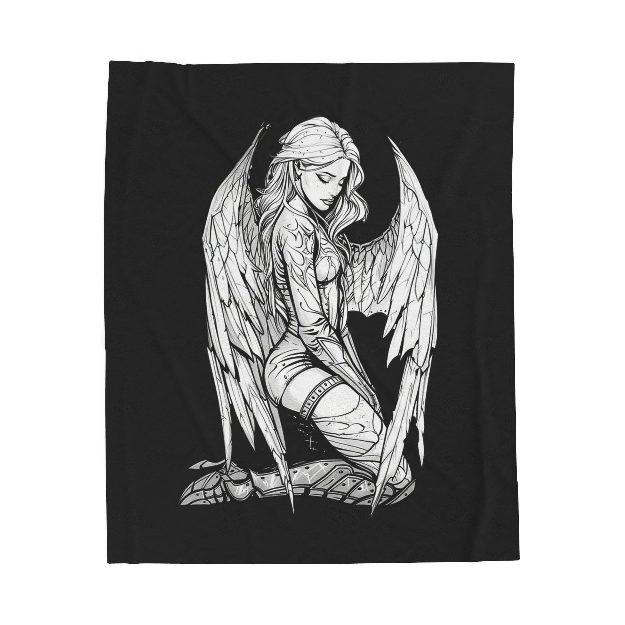 Gothic Angel Velveteen Plush Blanket – Tattooed Fallen Angel Design