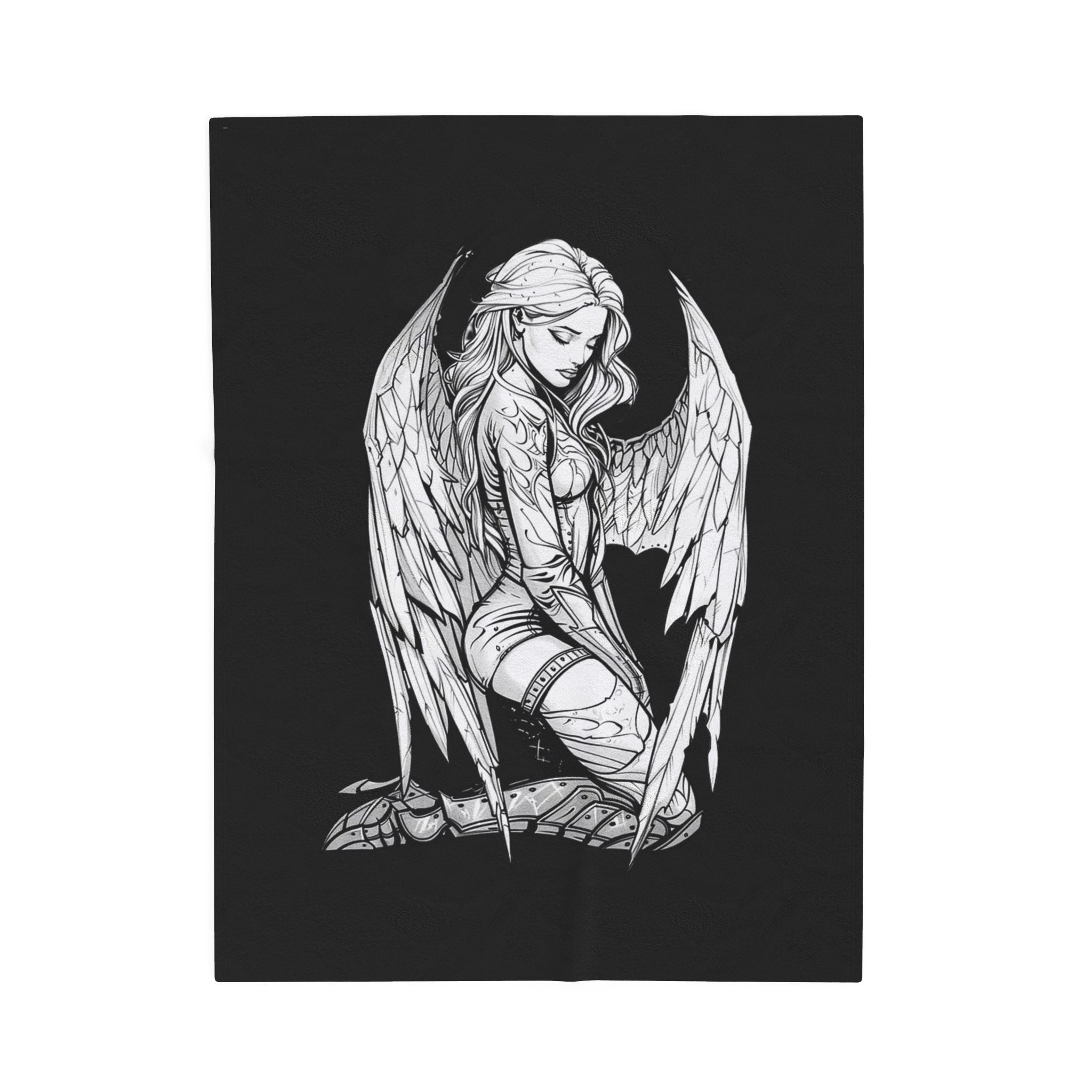 Gothic Angel Velveteen Plush Blanket – Tattooed Fallen Angel Design